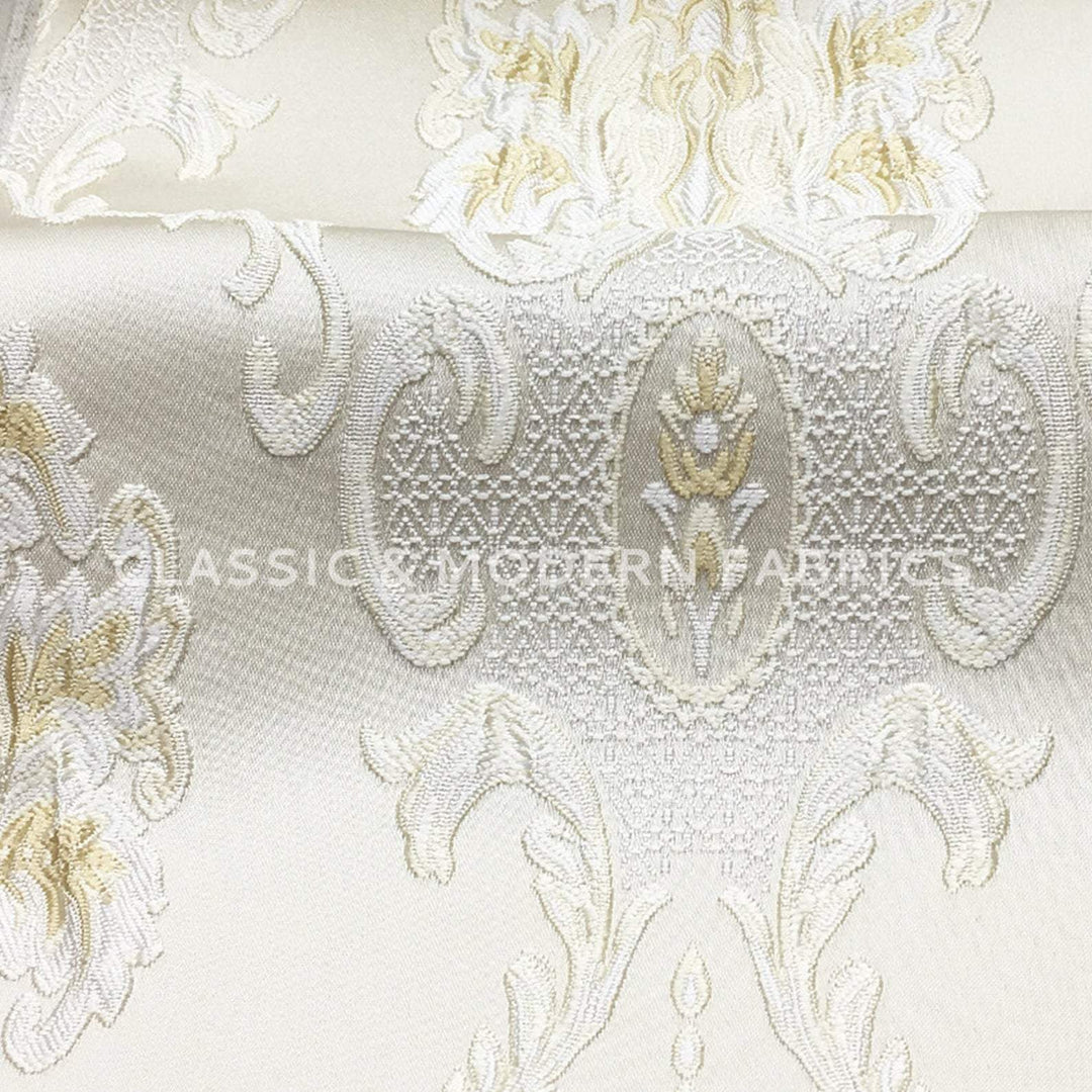 Provence Signature Large Damask Jacquard Ivory Gold Fabric - Classic & Modern