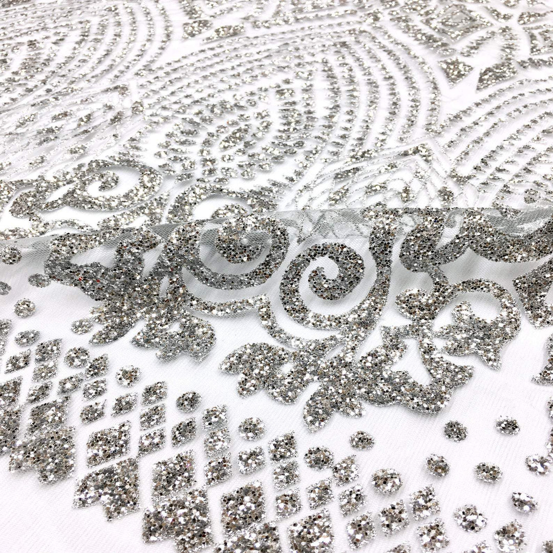 Royal Metallic SILVER Glitter on Light Tulle Mesh Lace / Fabric by the Yard - Classic & Modern