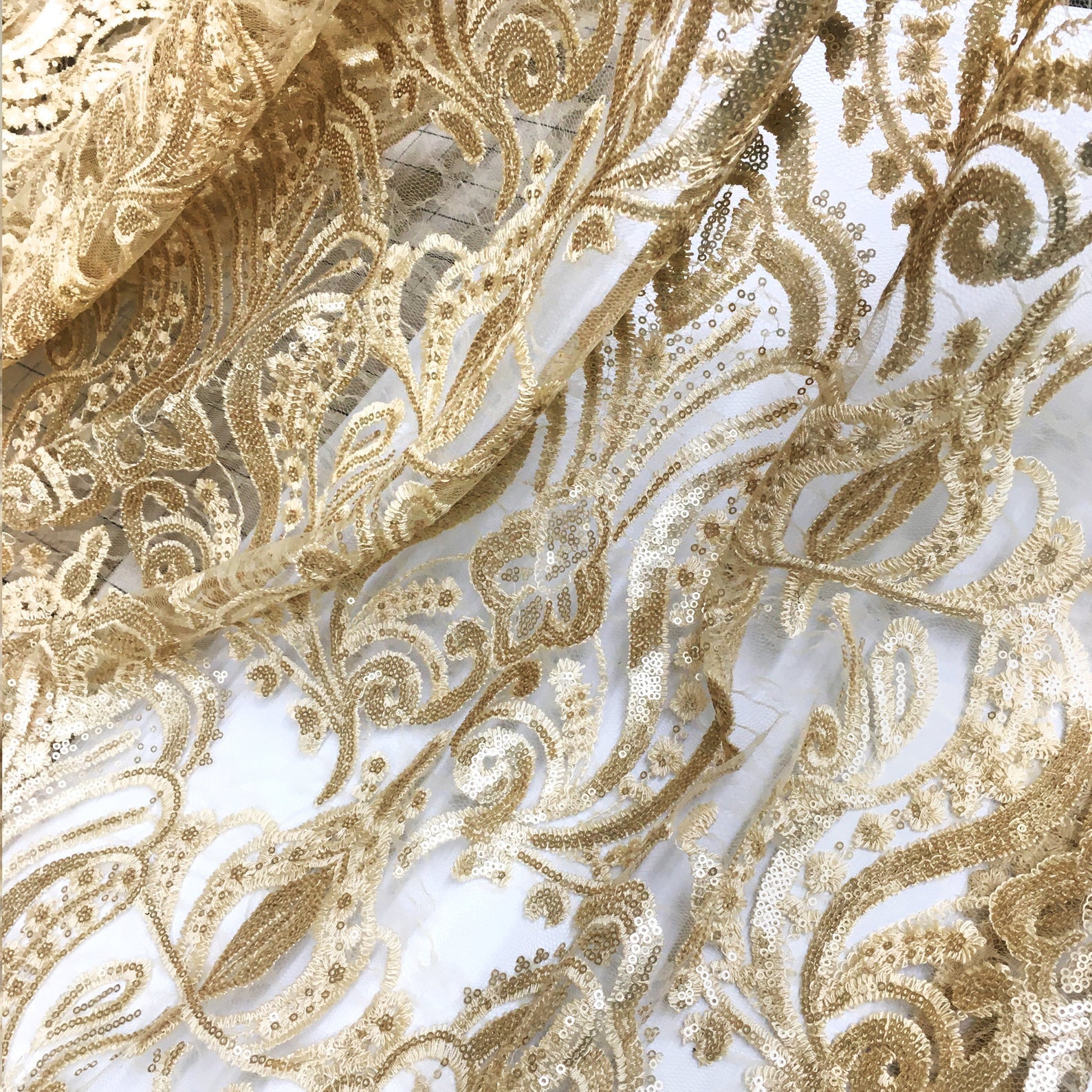 Savannah Metallic GOLD PINK Sequin Embroidery Mesh Lace / Dress Fabric / Fabric by the Yard