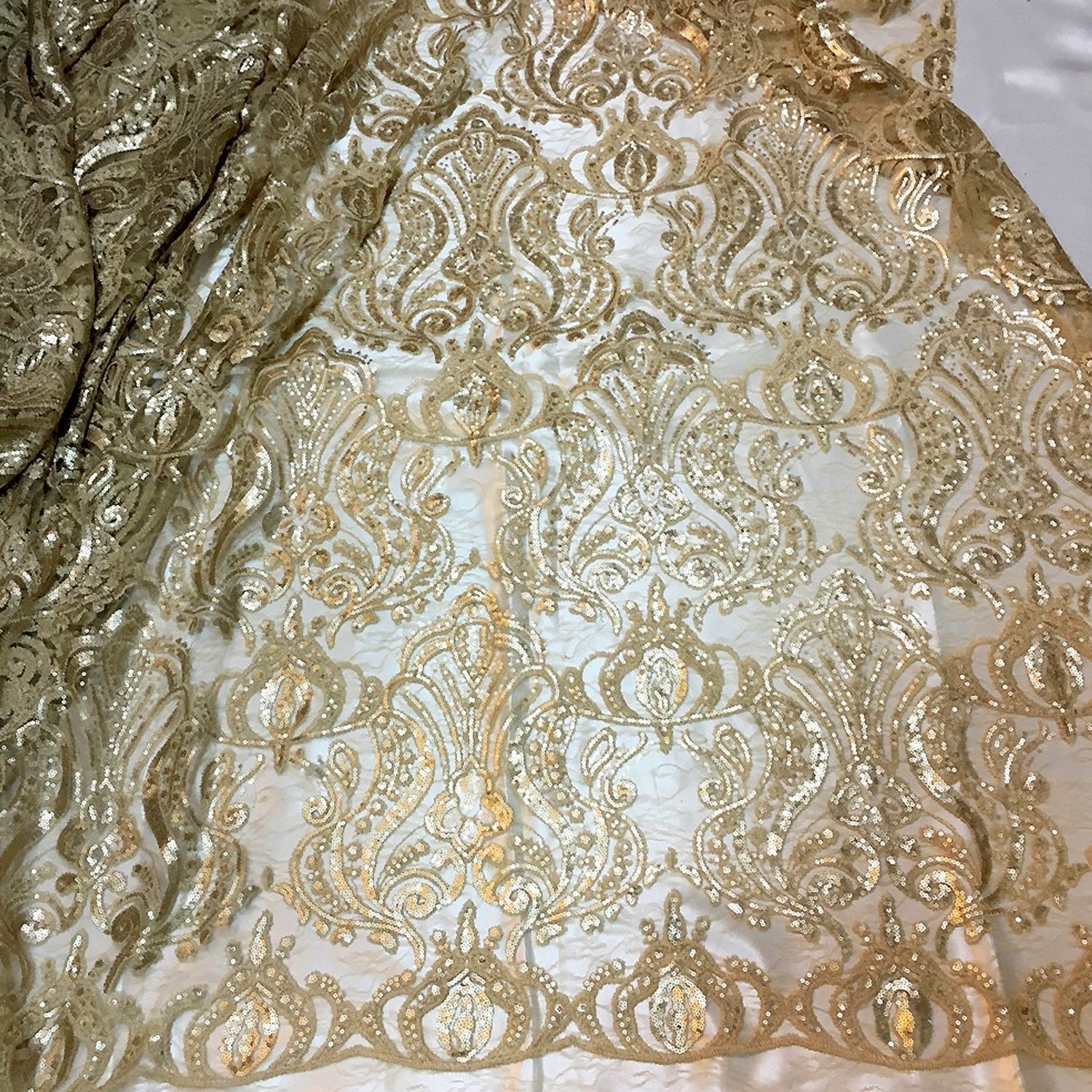 6 Yards of Golden Champagne-Colored buying Embroidered and Sequined Mesh Lace Fabric 56