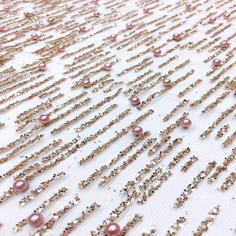 Serafina ROSE PINK BLUSH Gold Glitter Beaded Mesh Lace Sequin Fabric / Sold by the Yard - Classic & Modern