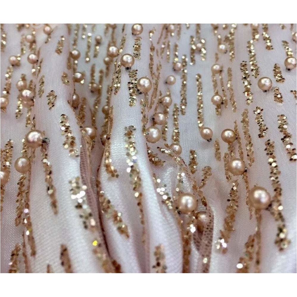 Serafina ROSE PINK BLUSH Gold Glitter Beaded Mesh Lace Sequin Fabric / Classic Modern Fabrics Serafina ROSE PINK BLUSH Gold Glitter Beaded Mesh Lace Sequin Fabric / Classic Modern Fabrics