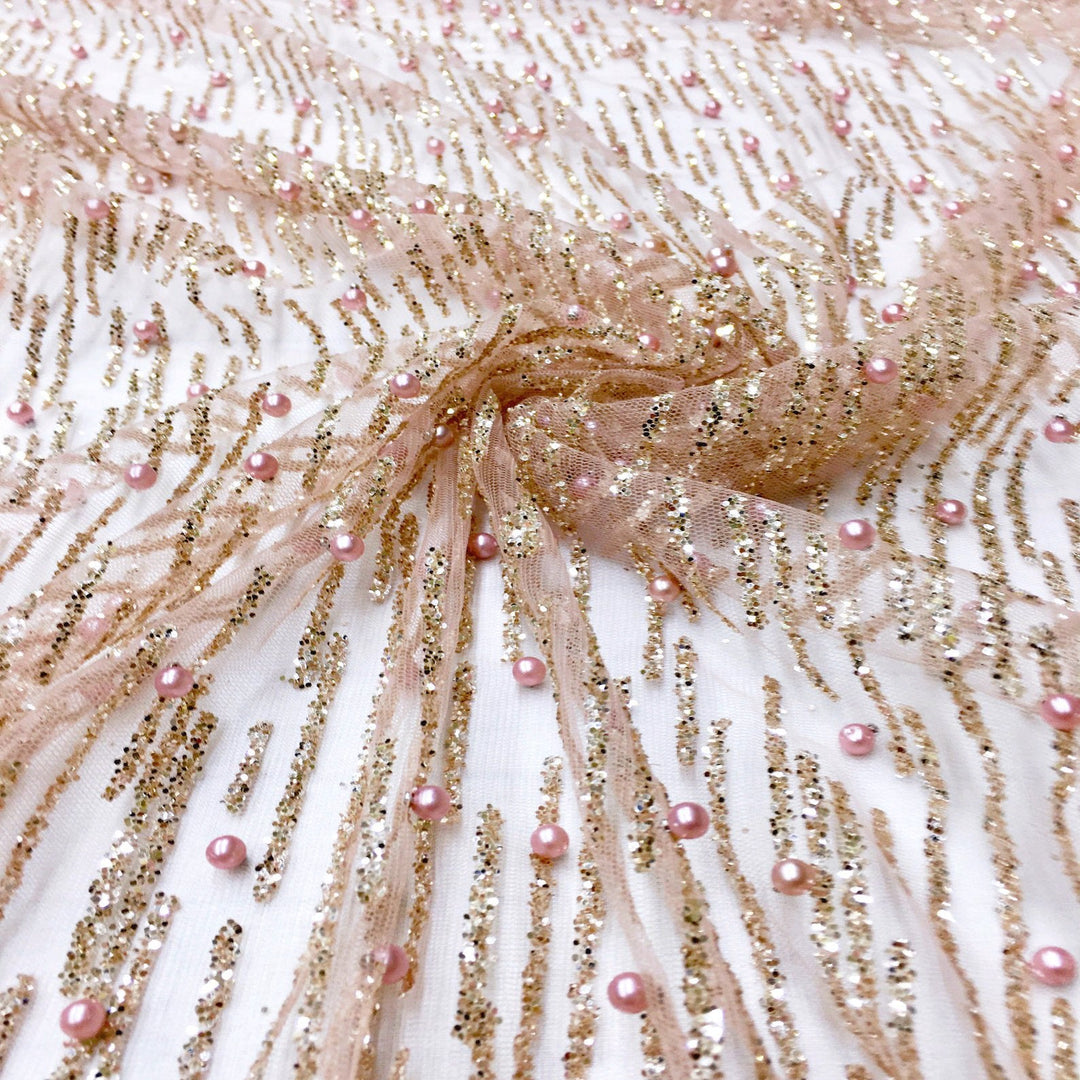 Serafina ROSE PINK BLUSH Gold Glitter Beaded Mesh Lace Sequin Fabric / Sold by the Yard Serafina ROSE PINK BLUSH Gold Glitter Beaded Mesh Lace Sequin Fabric / Sold by the Yard