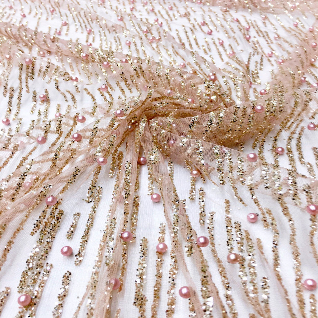 rose gold sequin dress fabric Serafina ROSE PINK BLUSH Gold Glitter Beaded Mesh Lace Sequin Fabric / Sold by the Yard