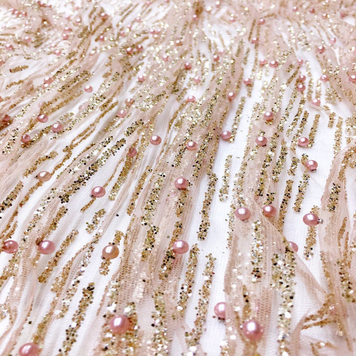 Serafina ROSE PINK BLUSH Gold Glitter Beaded Mesh Lace Sequin Fabric / Sold by the Yard - Classic & Modern