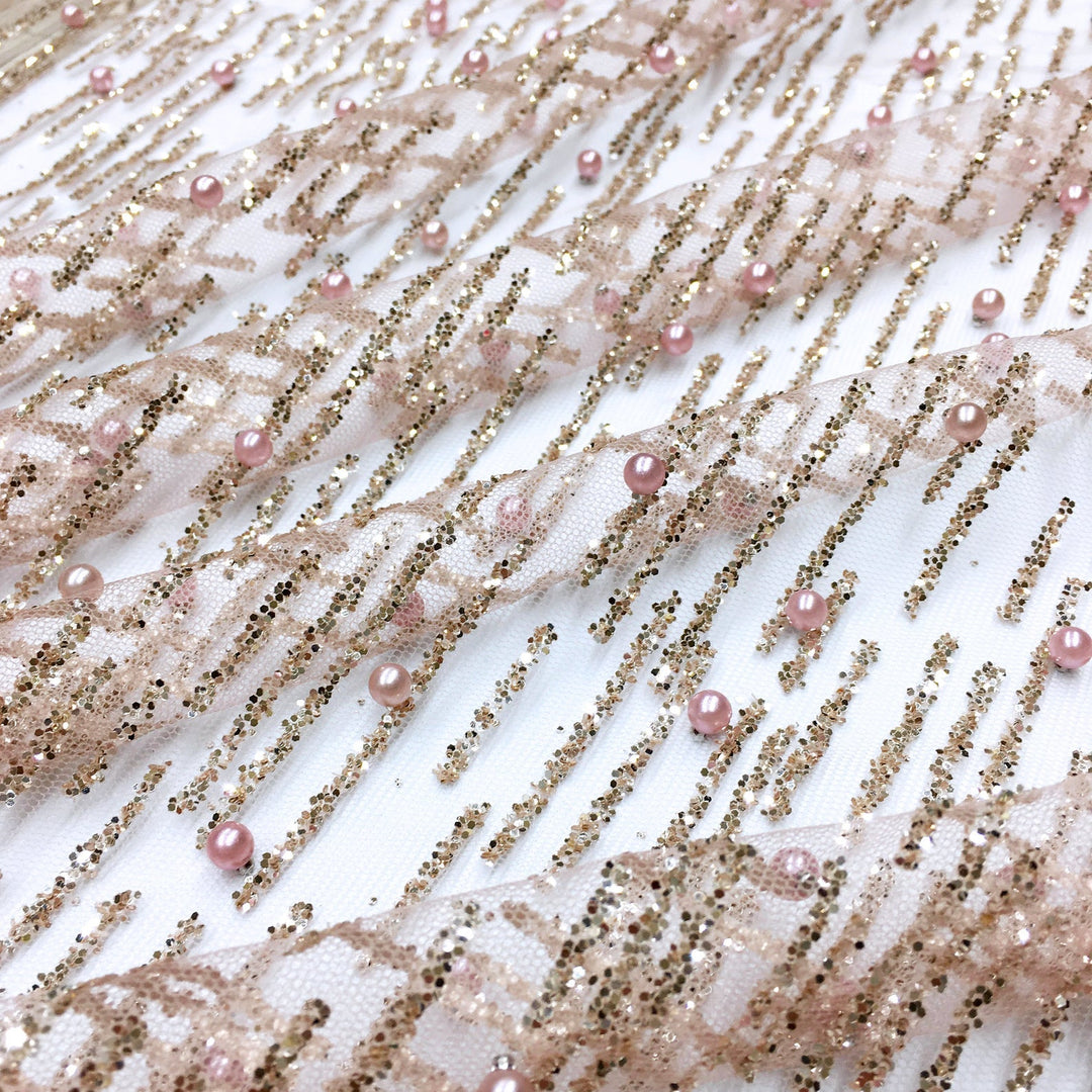 Serafina ROSE PINK BLUSH Gold Glitter Beaded Mesh Lace Sequin Fabric / –  Classic Modern Fabrics