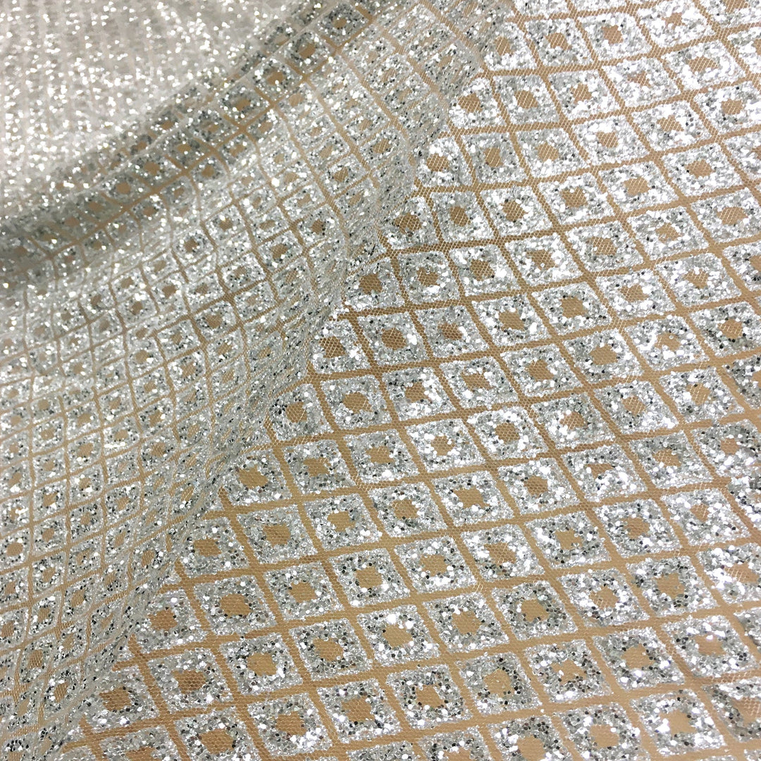 SILVER Glitter Geometric Embroidery Mesh Dress Fabric / Sold by the Yard - Classic & Modern
