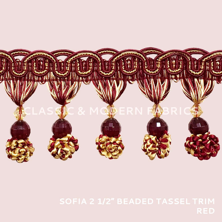 SOFIA 2 1/2" Beaded Tassel Fringe Trim Burgundy Red Gold / By The Yard - Classic & Modern