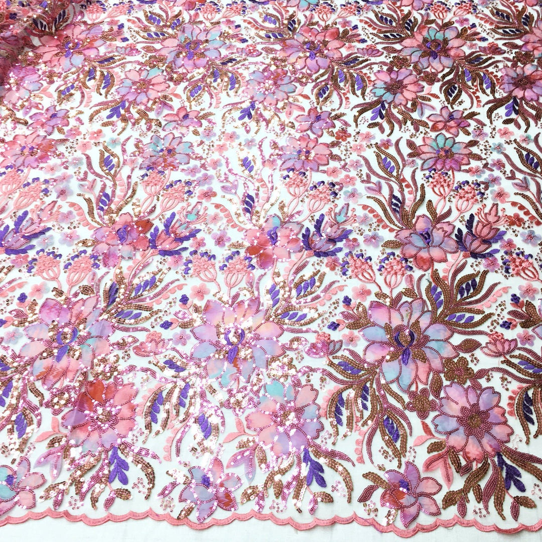 SOPHIE Pink Multi Color Floral Embroidery Sequin Tulle Mesh Lace / Fabric by the Yard - Classic & Modern