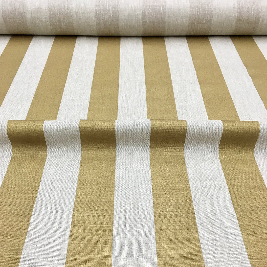 Stafford 100% Wide Linen Stripe Gold Natural Fabric - Classic & Modern