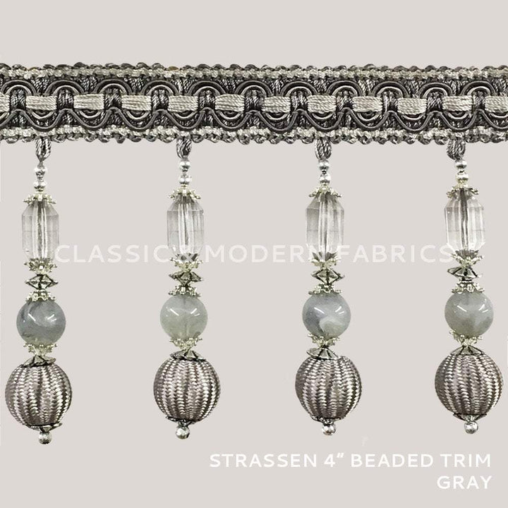 STRASSEN Gray 4" Beaded Trim, Tassel, Fringe / By The Yard - Classic & Modern