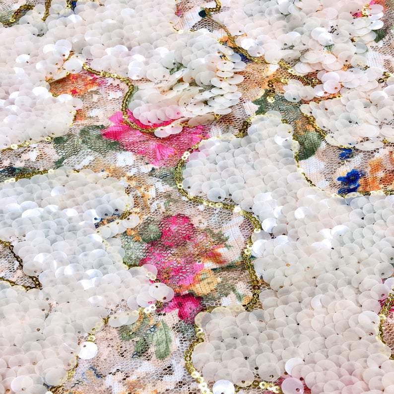 VALERIA Ivory Beige Sequins over Pink Blue Floral Glitter Sequin Mesh Lace / Dress Fabric / Fabric by the Yard - Classic & Modern