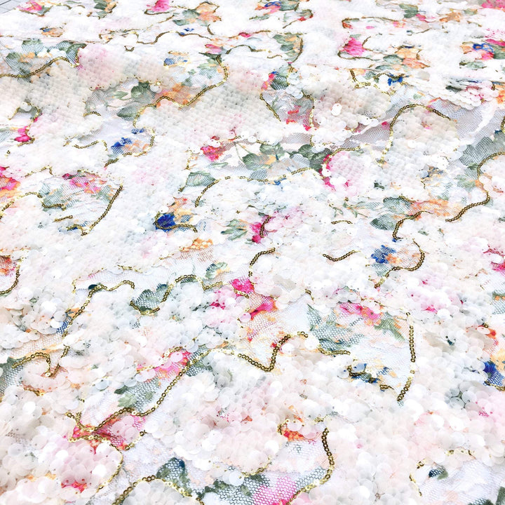 VALERIA Ivory Beige Sequins over Pink Blue Floral Glitter Sequin Mesh Lace / Dress Fabric / Fabric by the Yard - Classic & Modern