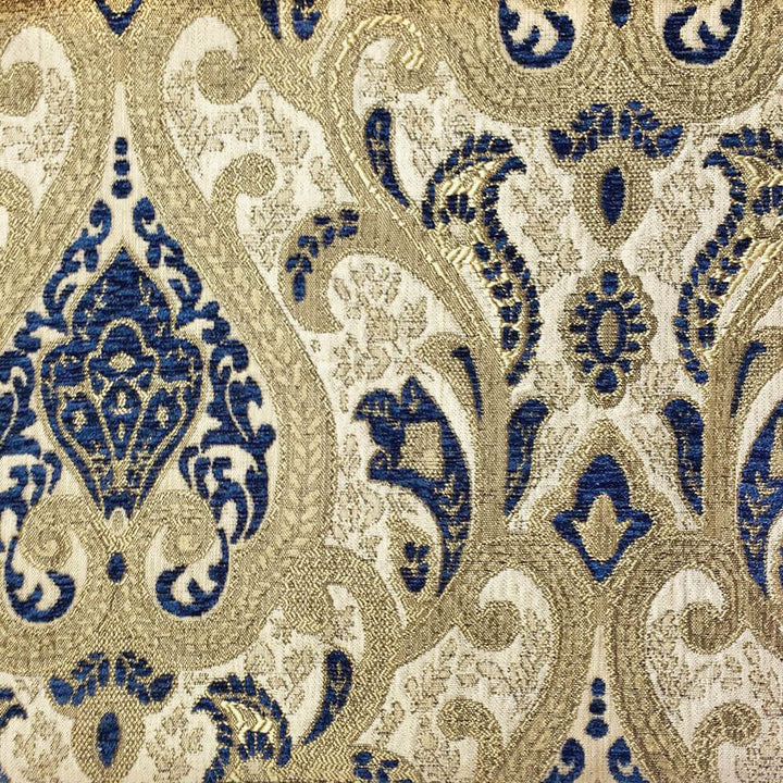 Versailles Damask Brocade Chenille Woven Jacquard Blue Gold Fabric - Classic & Modern