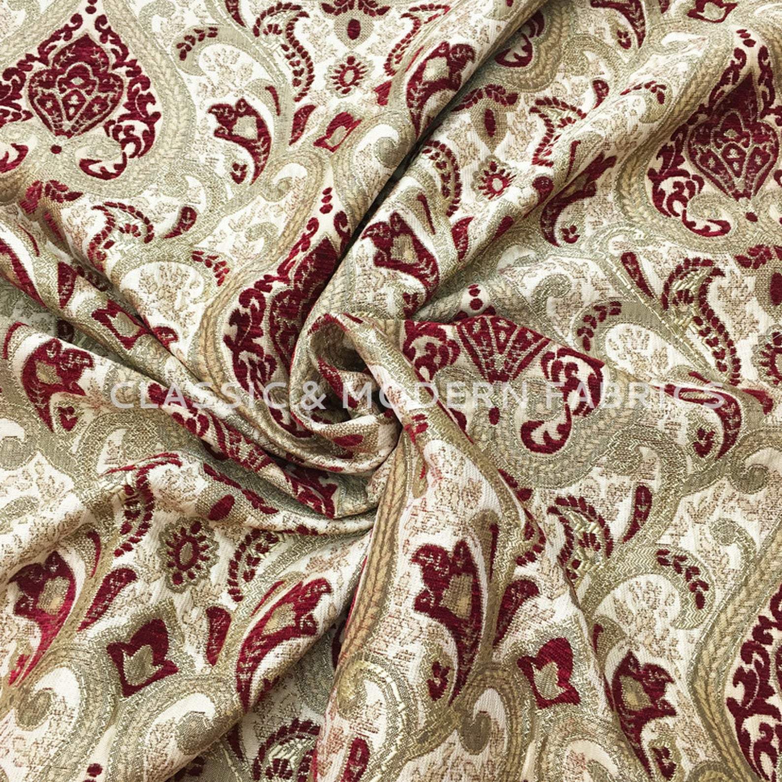 Versailles Damask Brocade Chenille Woven Jacquard Red Gold Fabric