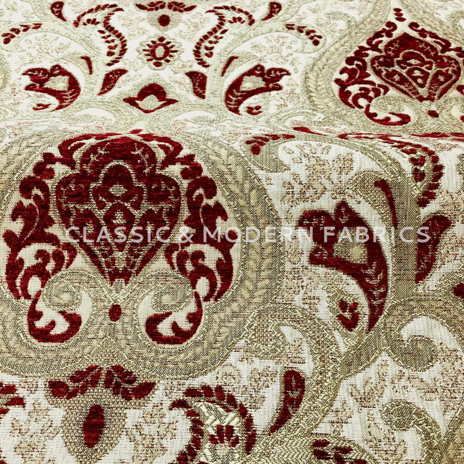 Free Worldwide Delivery Furnishing Fabric Full Colourful Damask Pattern Chenille In Yellow Red Quality Furnishing Fabric - Sold outlets By 1 Metre