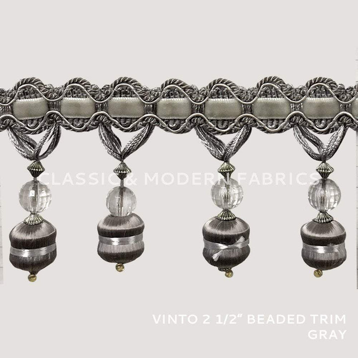 VINTO 2.5" Gray Beaded Tassel Fringe Trim / By the yard - Classic & Modern