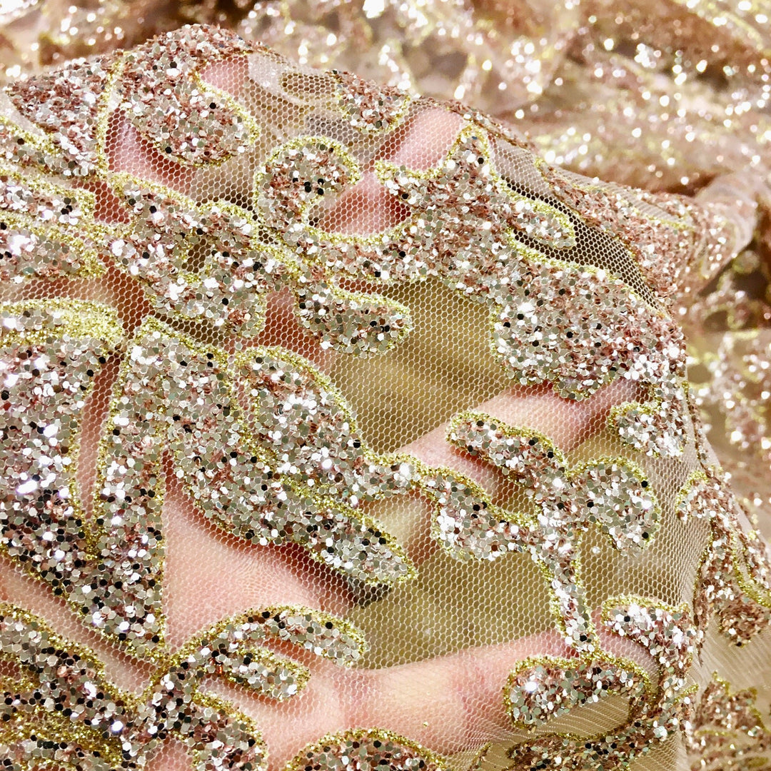 Serafina ROSE PINK BLUSH Gold Glitter Beaded Mesh Lace Sequin