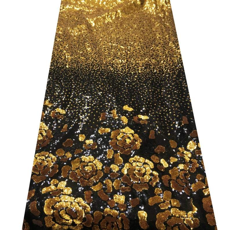 Mood Fabrics Gold and Gray Sequin Flowers Over A Black Mesh