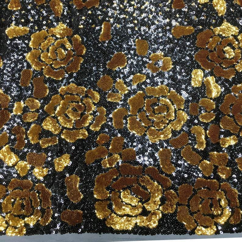 Vivaldi Gold Black Rose Floral Pattern Full Paillettes Tulle Mesh Pizz 
